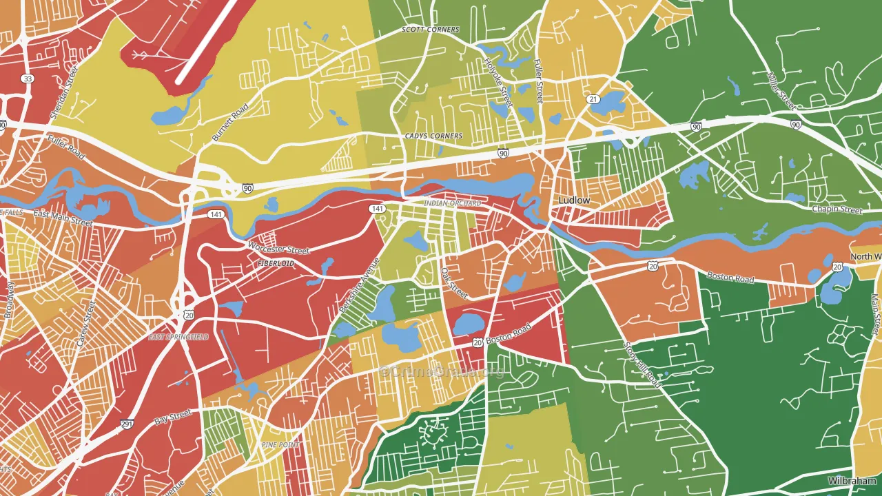 Indian Orchard, MA Map of Burglary Rates