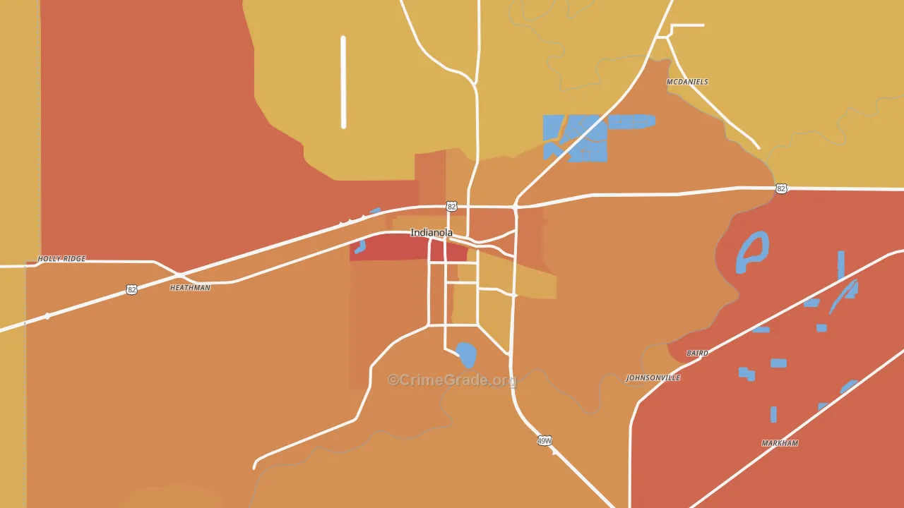 Indianola, MS Map of Burglary Rates