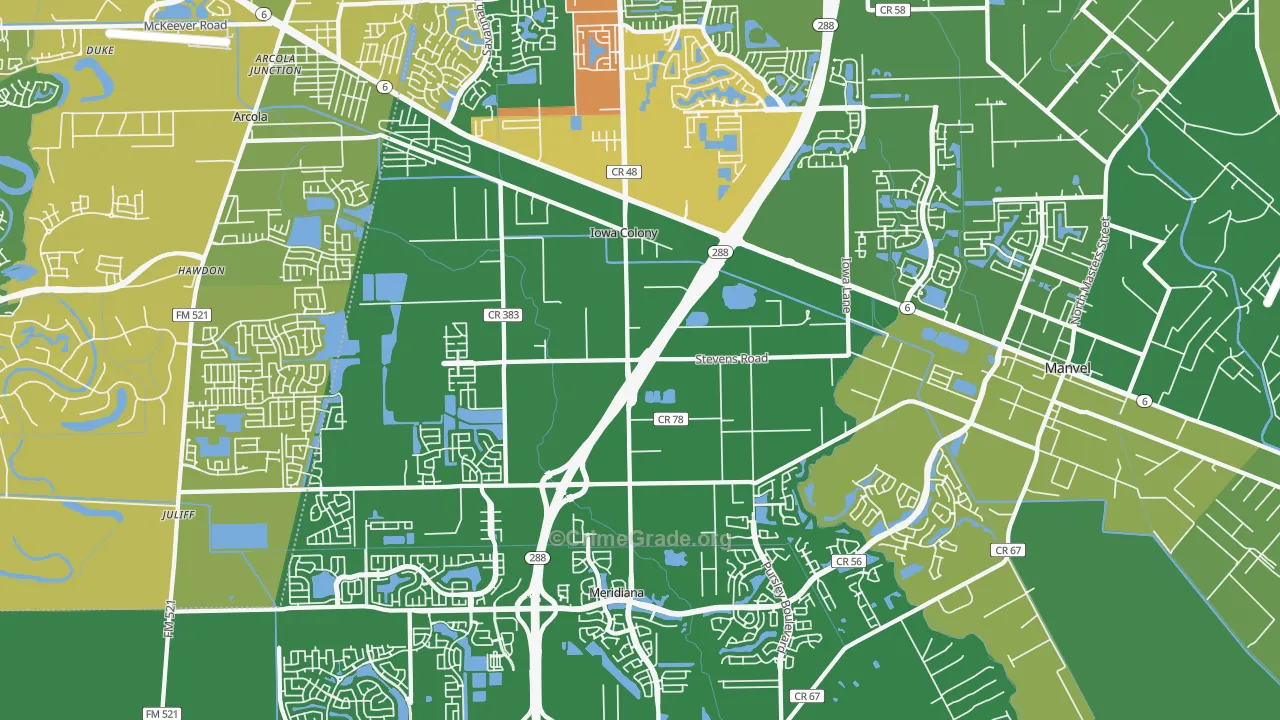 Iowa Colony, TX Map of Burglary Rates