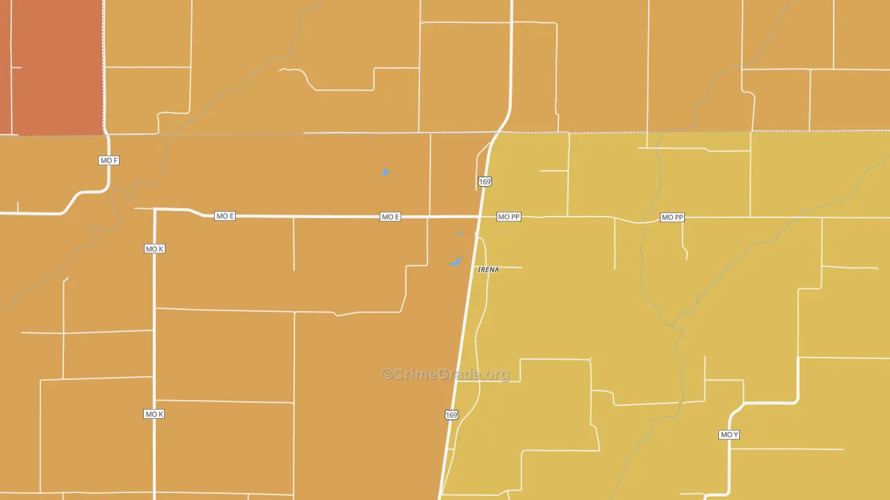 Irena, MO Map of Burglary Rates