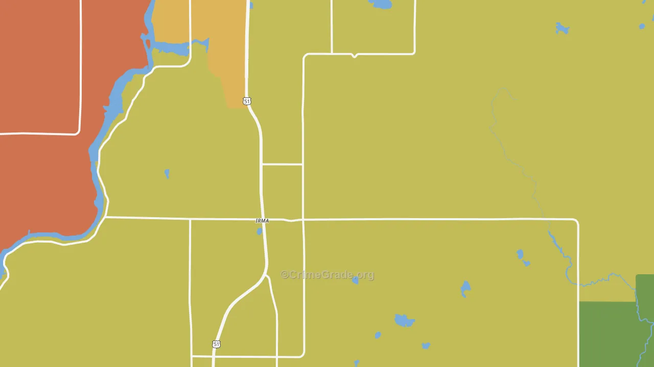Irma, WI Map of Burglary Rates