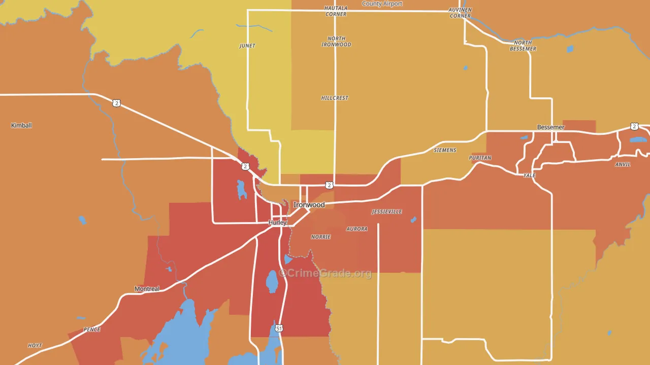 Ironwood, MI Map of Burglary Rates