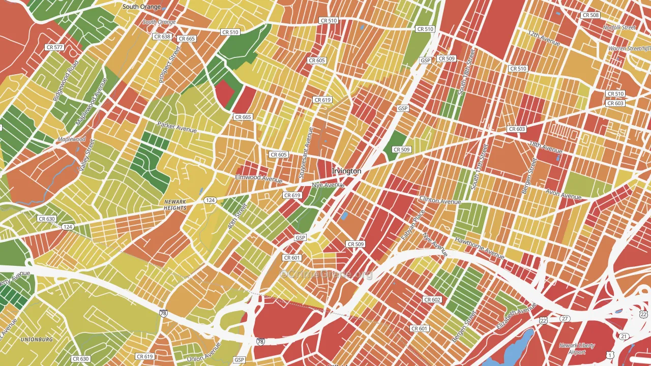 Irvington, NJ Map of Burglary Rates
