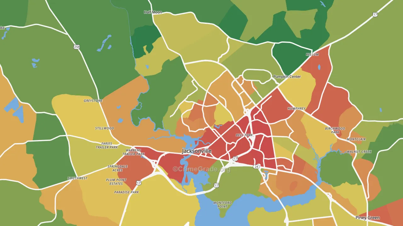 Jacksonville, NC Map of Burglary Rates