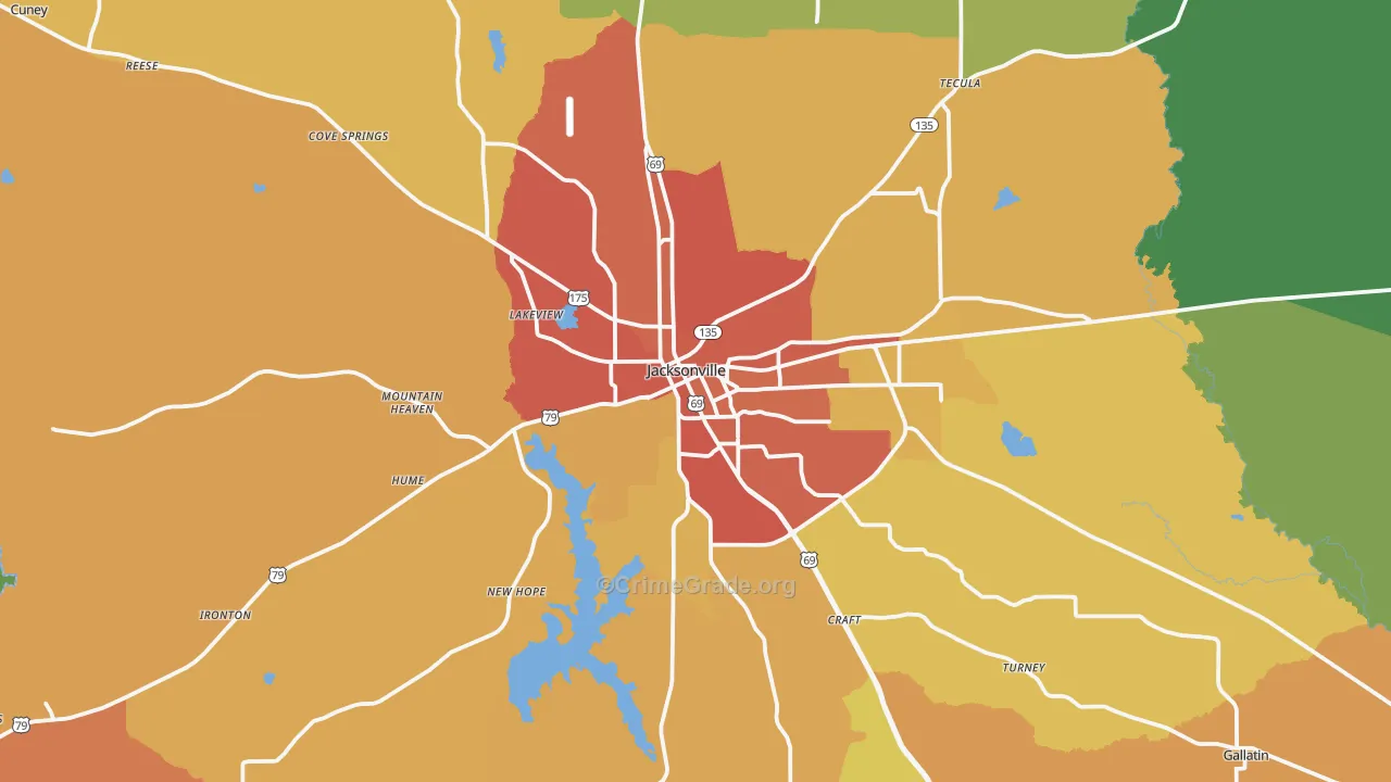 Jacksonville, TX Map of Burglary Rates