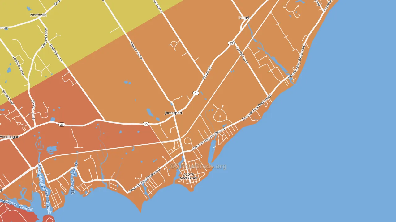 Jamesport, NY Map of Burglary Rates