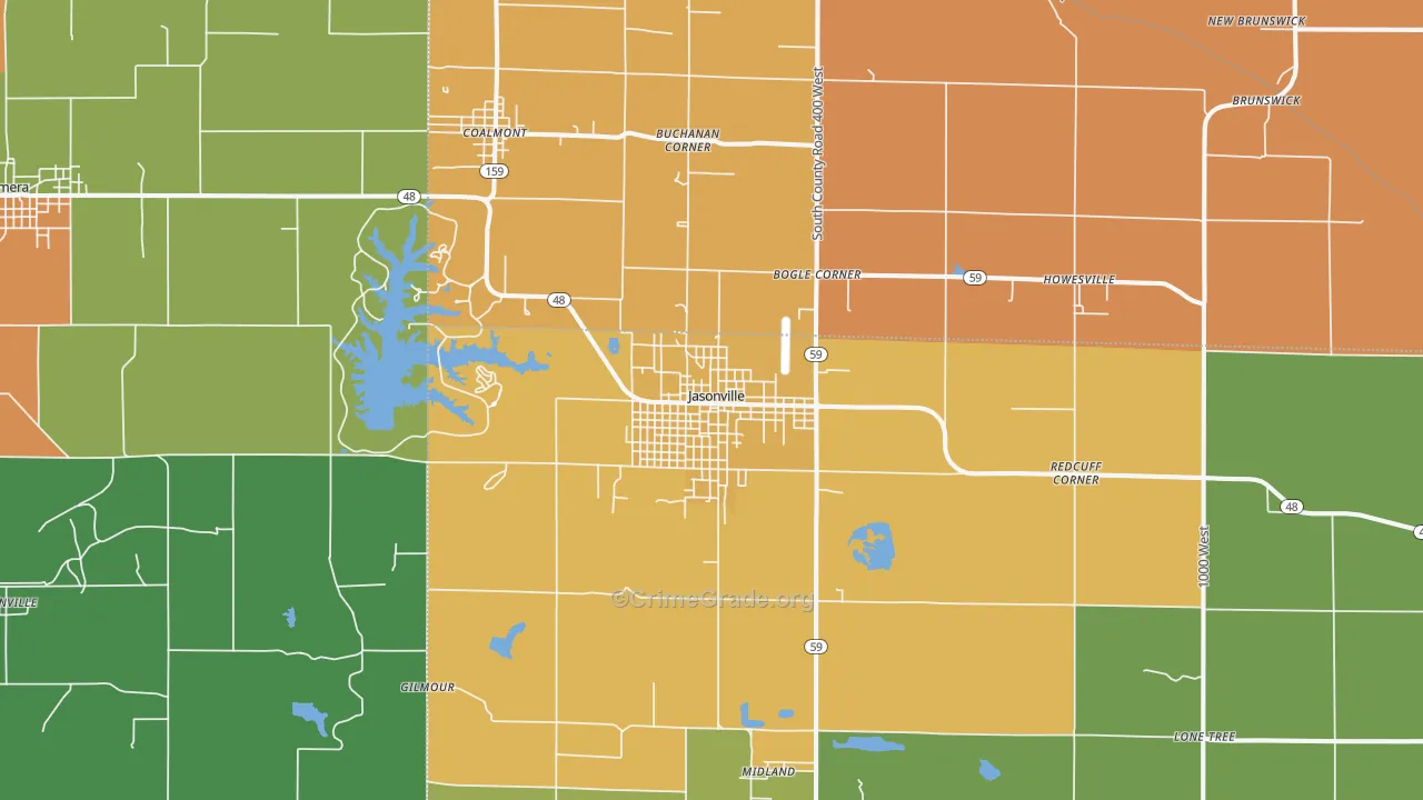 Jasonville, IN Map of Burglary Rates