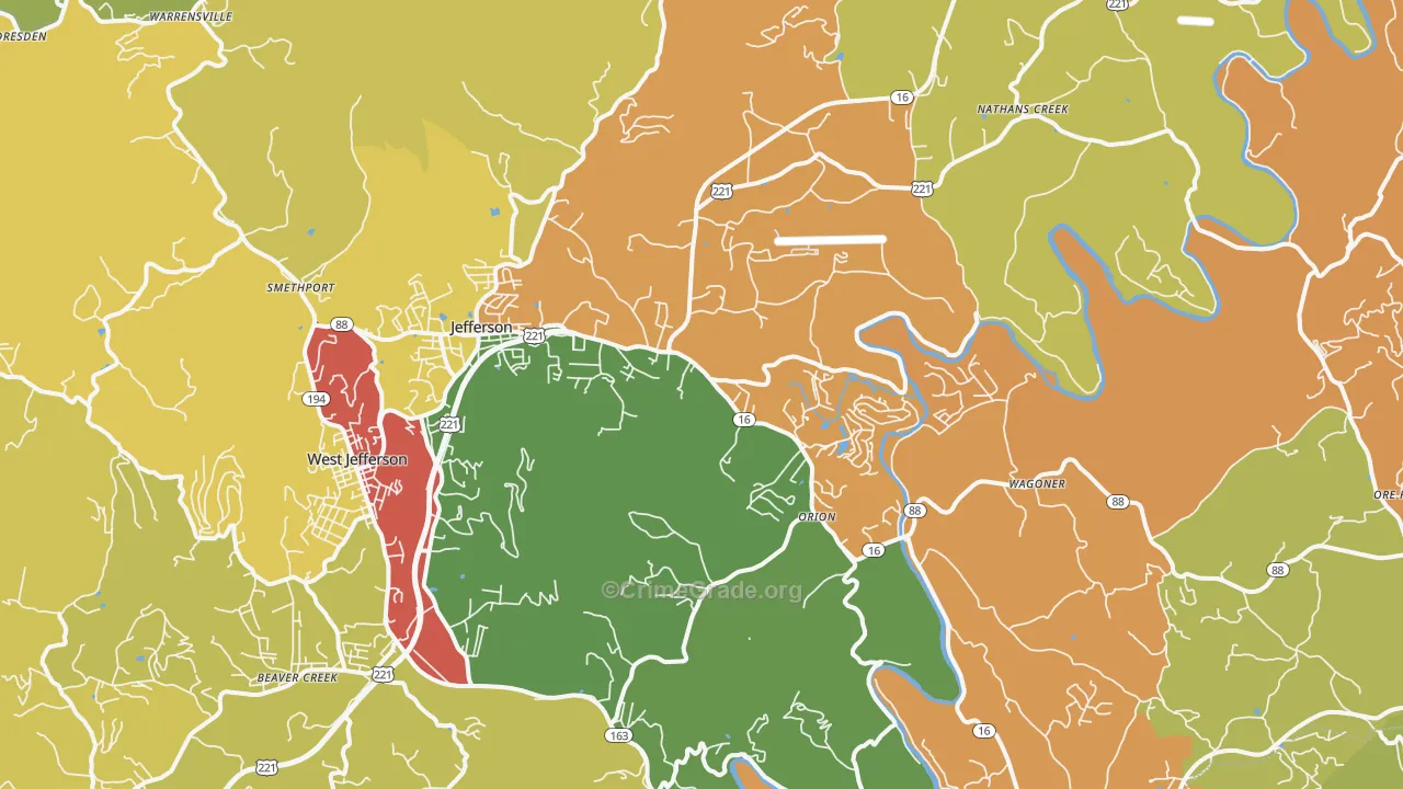 Jefferson, NC Map of Burglary Rates
