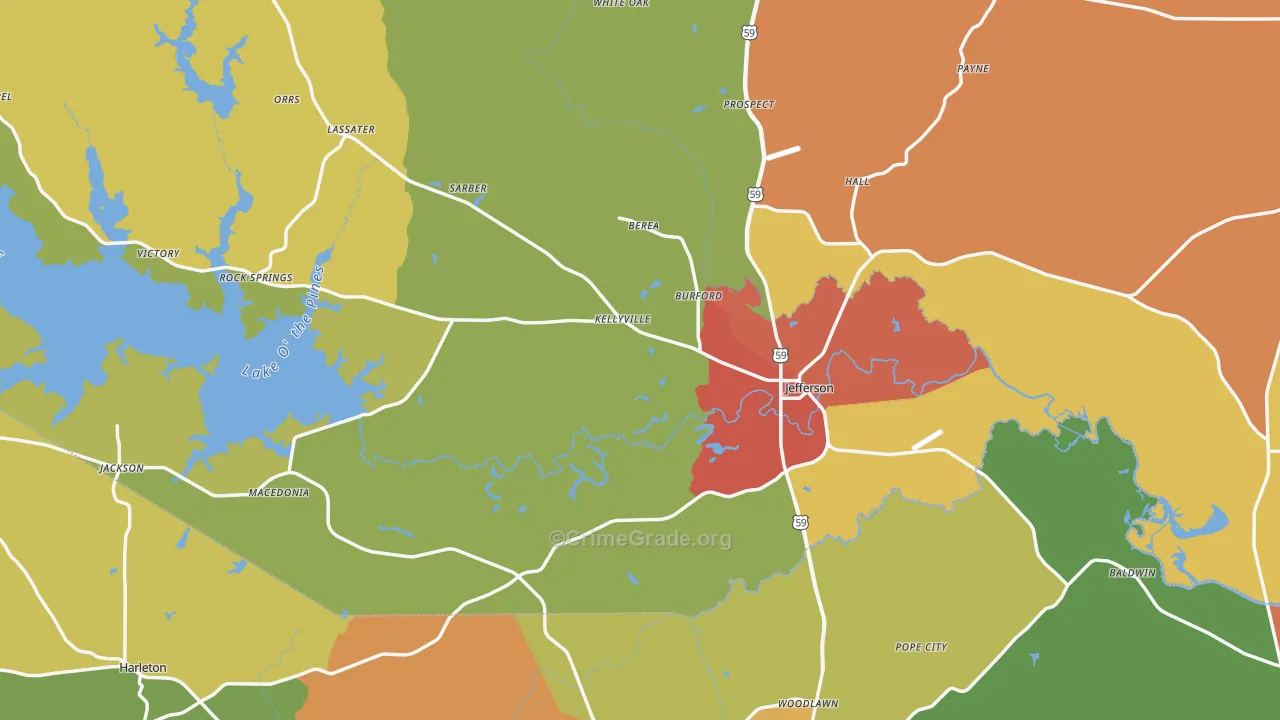 Jefferson, TX Map of Burglary Rates