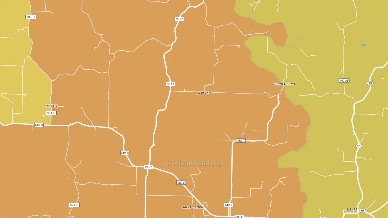 Jerktail, MO Map of Burglary Rates