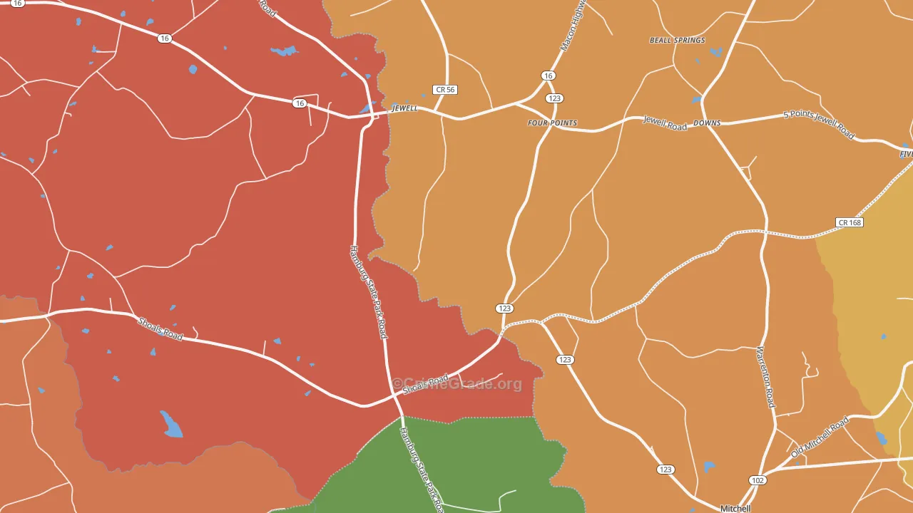 Jewell, GA Map of Burglary Rates