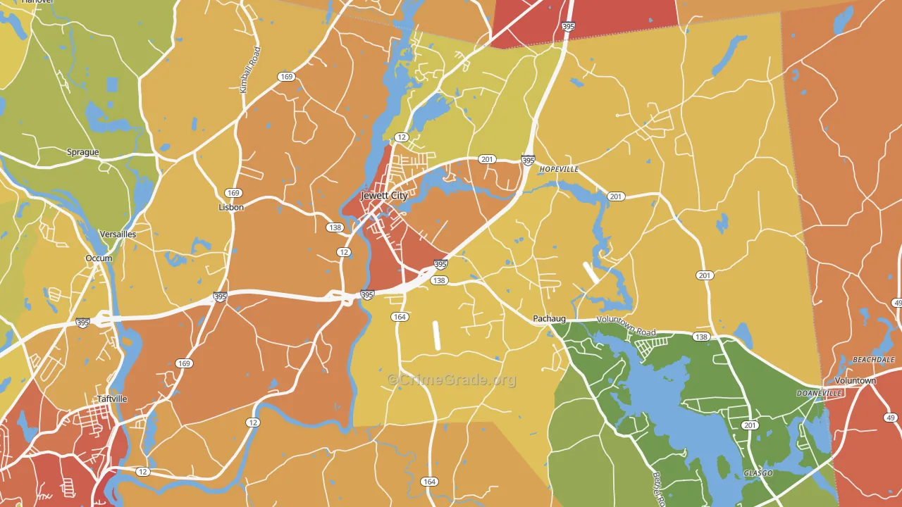 Jewett City, CT Map of Burglary Rates
