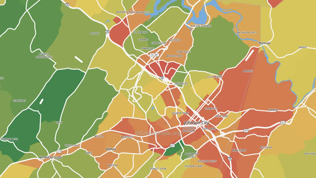 Johnson City, TN Map of Burglary Rates