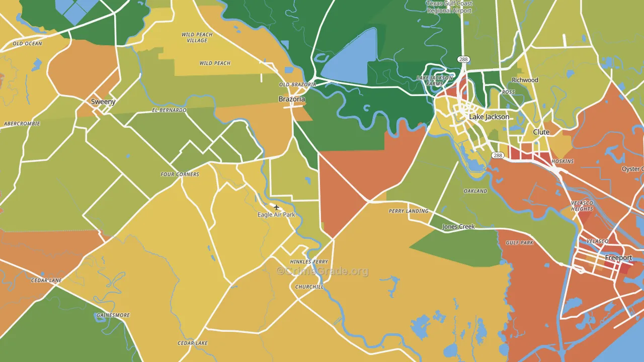 Jones Creek, TX Map of Burglary Rates
