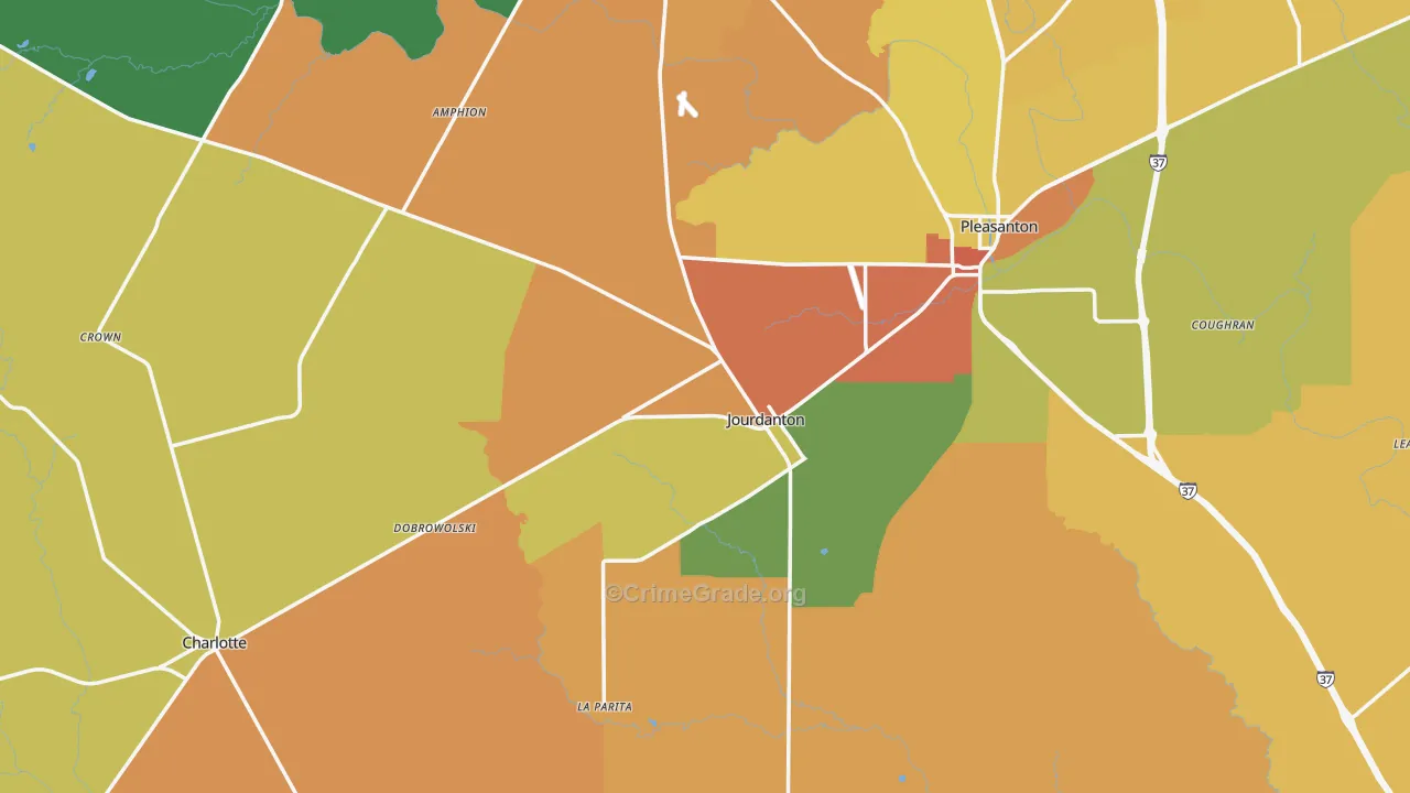 Jourdanton, TX Map of Burglary Rates