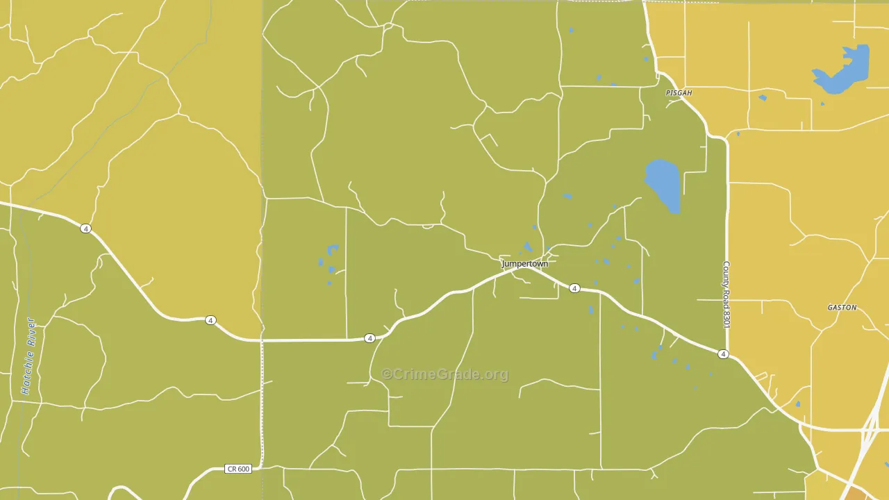 Jumpertown, MS Map of Burglary Rates