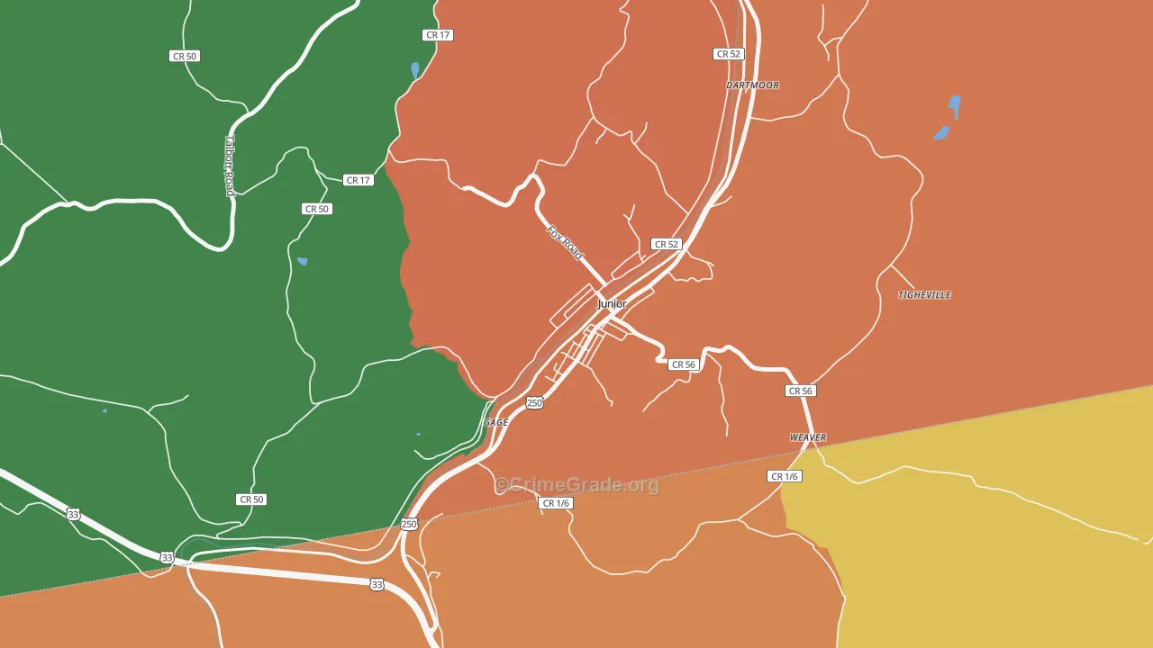 Junior, WV Map of Burglary Rates
