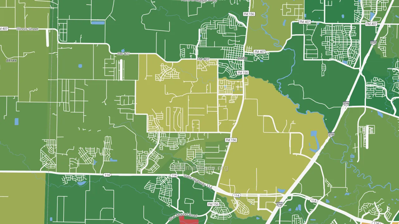Justin, TX Map of Burglary Rates