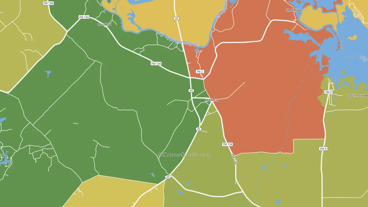Karnack, TX Map of Burglary Rates