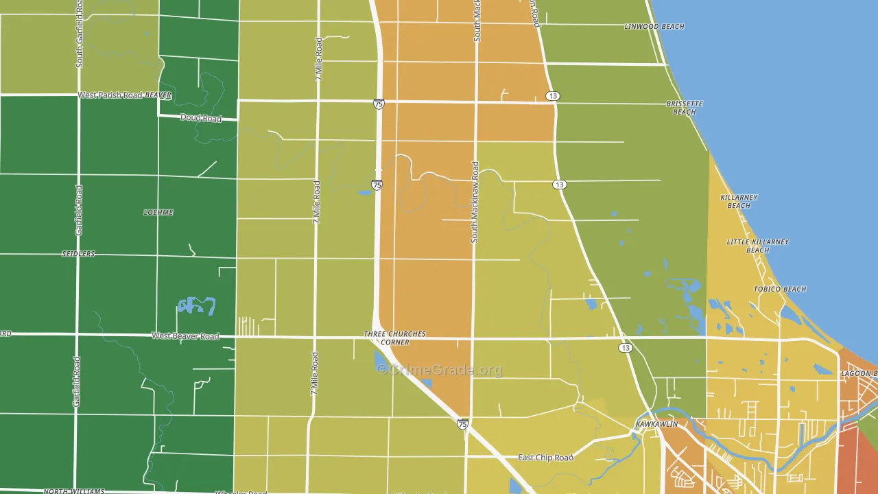Kawkawlin, MI Map of Burglary Rates