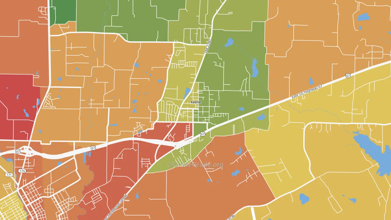 Keene, TX Map of Burglary Rates