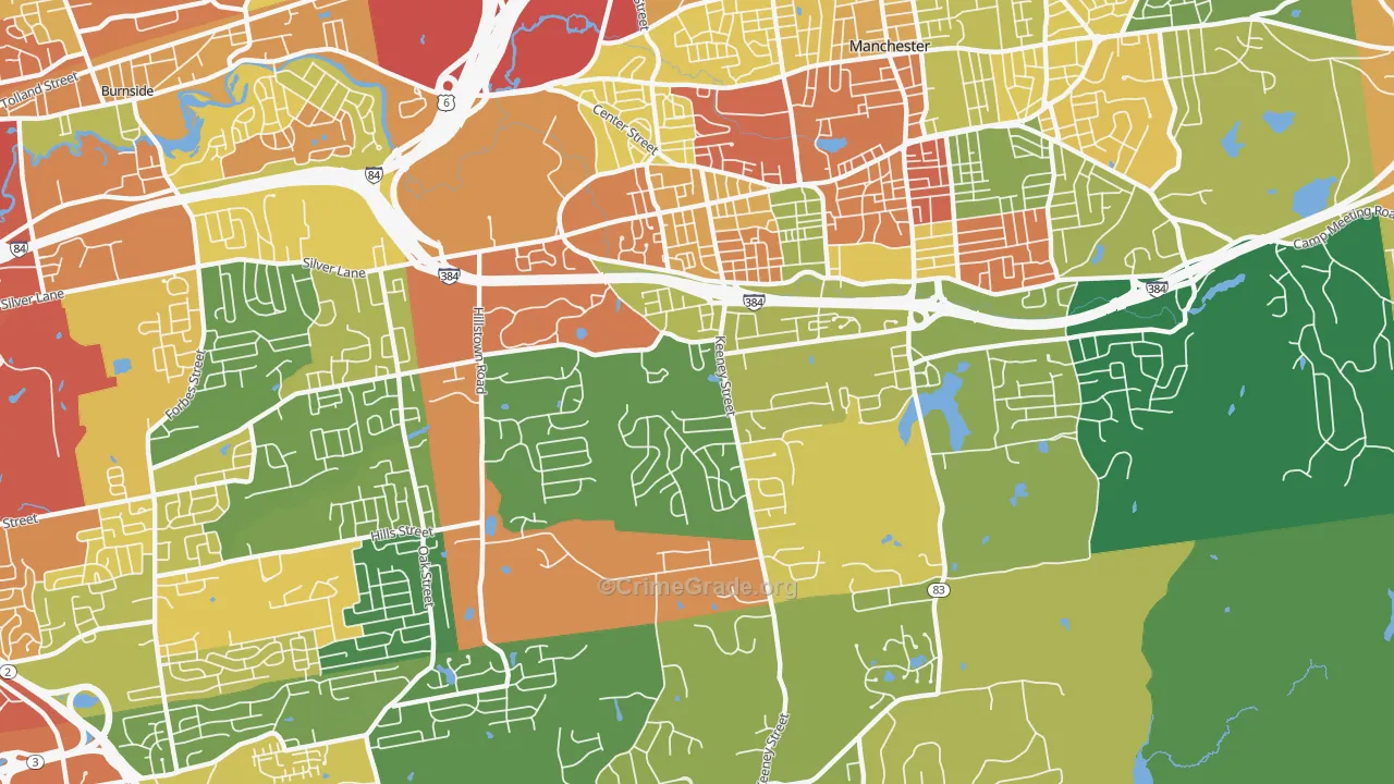 Keeney, Manchester, CT Map of Burglary Rates