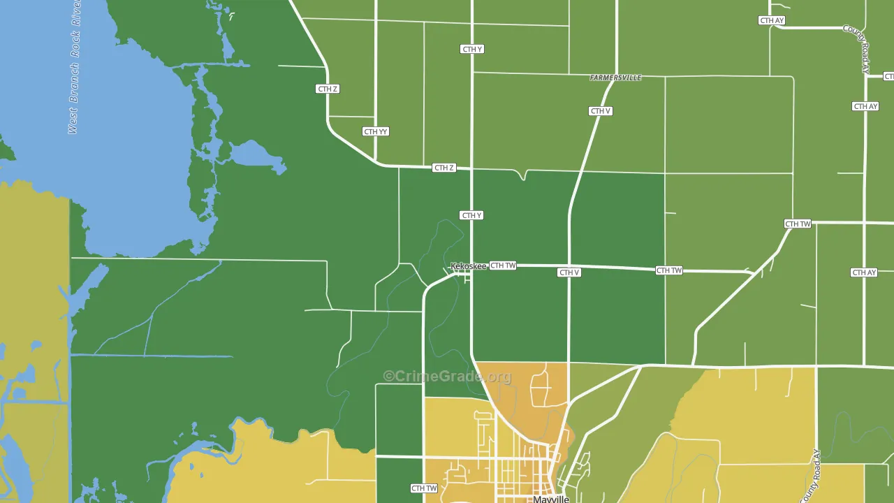 Kekoskee, WI Map of Burglary Rates