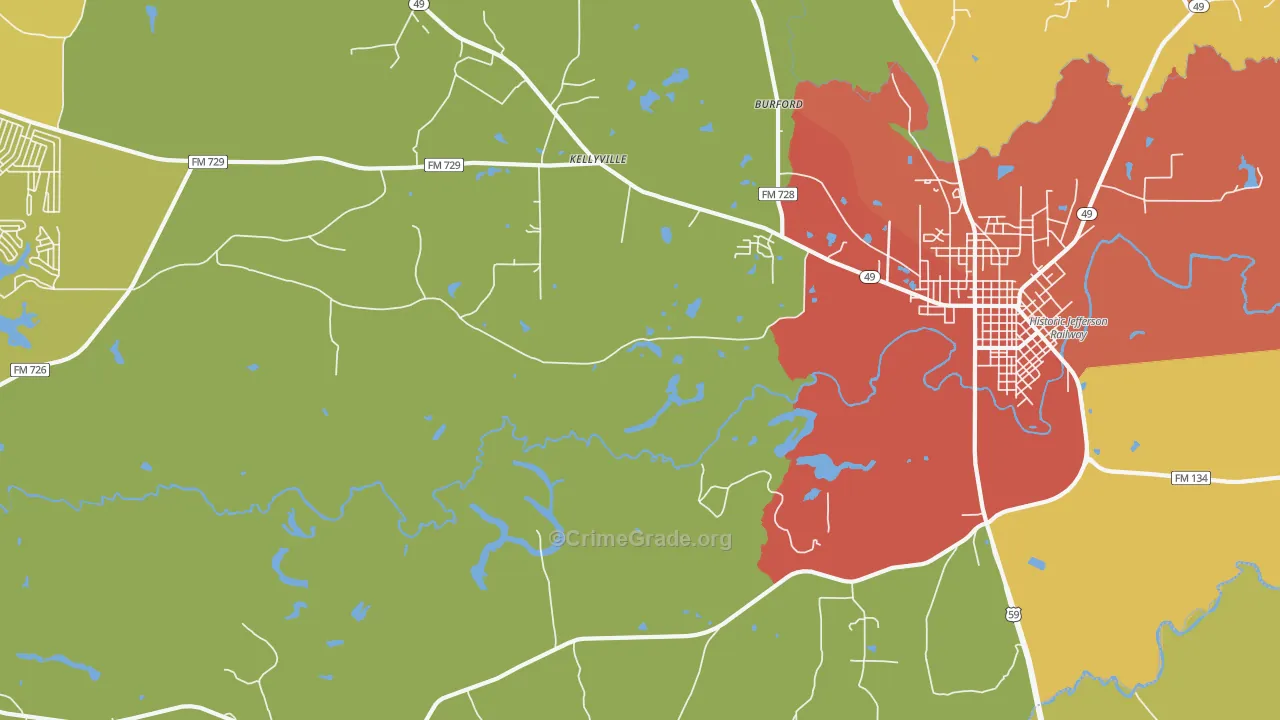 Kellyville, TX Map of Burglary Rates