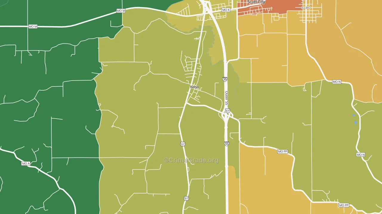 Kelso, MO Map of Burglary Rates
