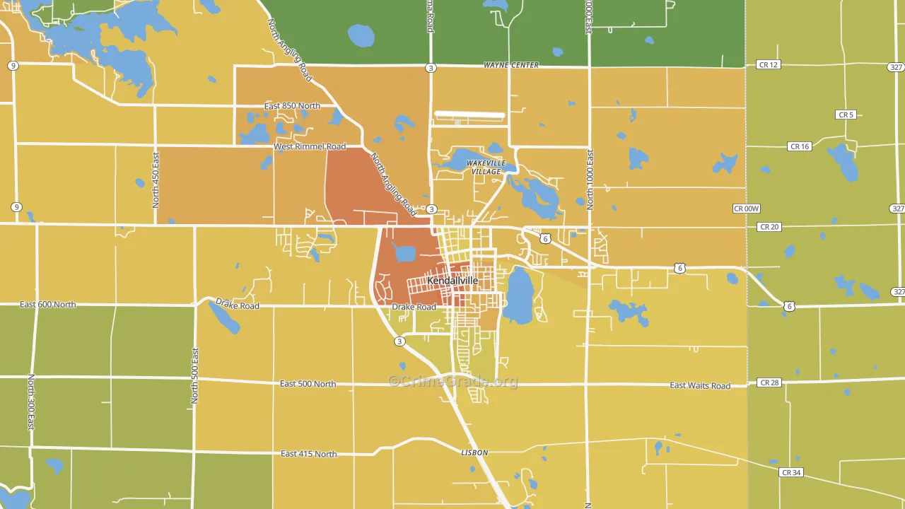 Kendallville, IN Map of Burglary Rates