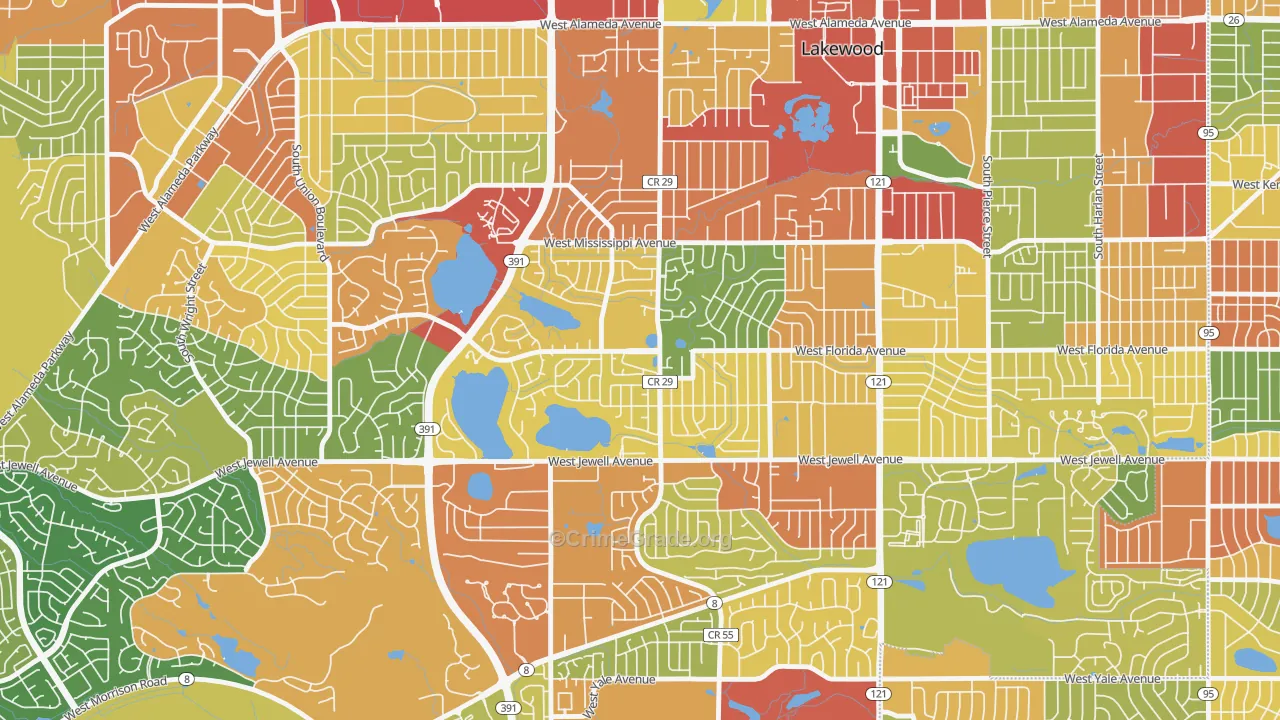 Kendrick Lake, Lakewood, CO Map of Burglary Rates