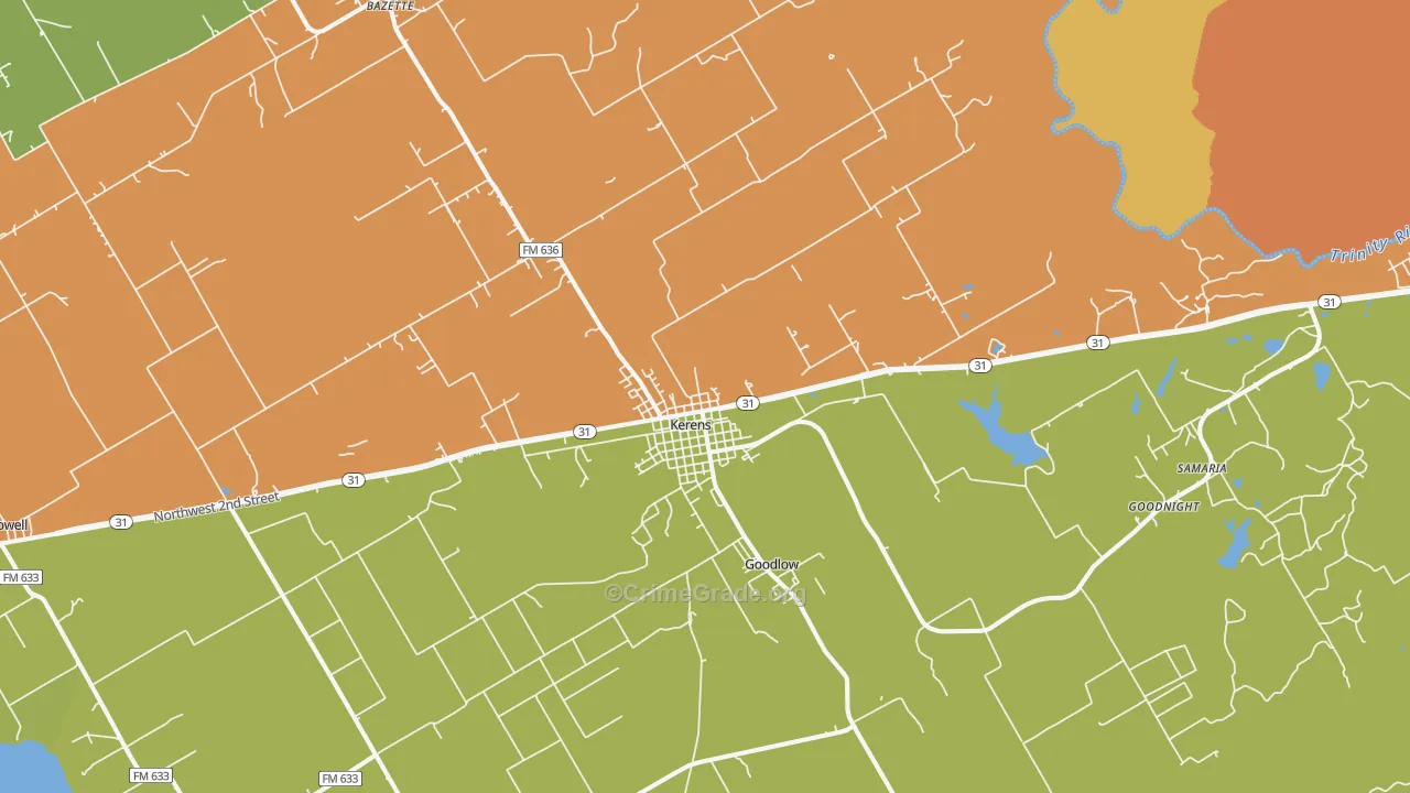 Kerens, TX Map of Burglary Rates
