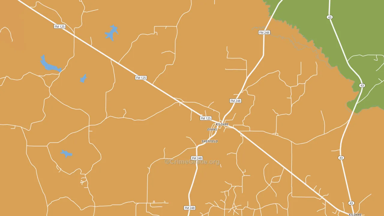 Kildare, TX Map of Burglary Rates