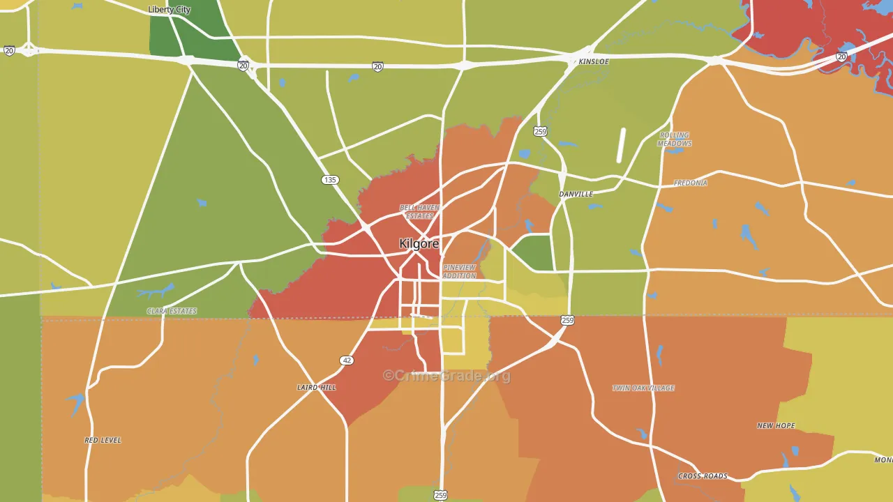 Kilgore, TX Map of Burglary Rates