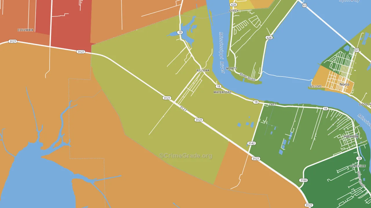 Killona, LA Map of Burglary Rates