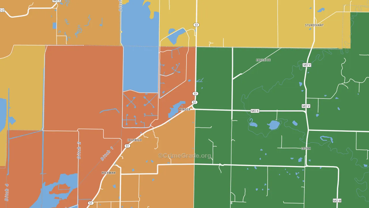 Kinder, MO Map of Burglary Rates