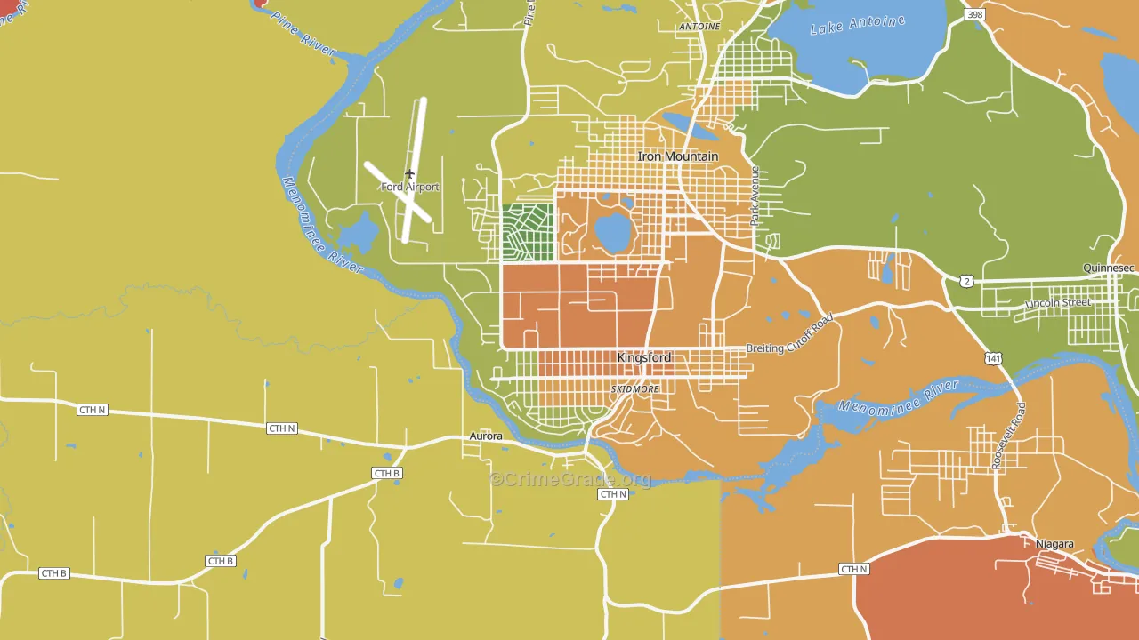 Kingsford, MI Map of Burglary Rates