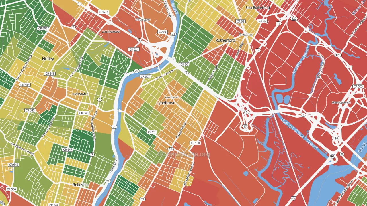 Kingsland, Lyndhurst, NJ Map of Burglary Rates