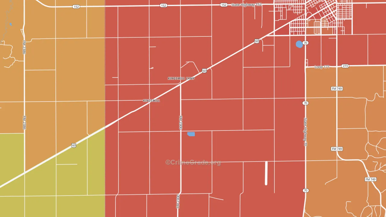 Kingsmill, TX Map of Burglary Rates