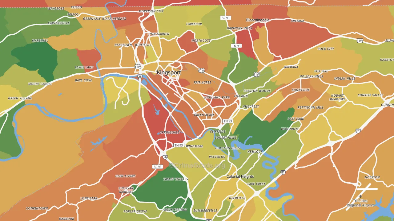Kingsport, TN Map of Burglary Rates