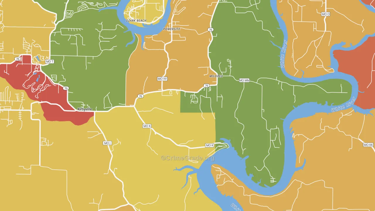 Kirbyville, MO Map of Burglary Rates