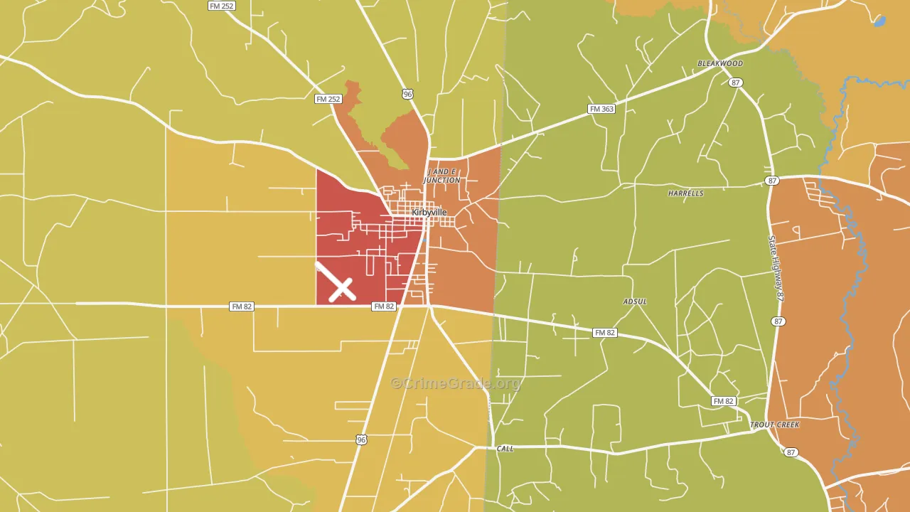 Kirbyville, TX Map of Burglary Rates