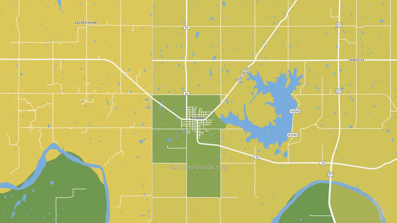 Konawa, OK Map of Burglary Rates