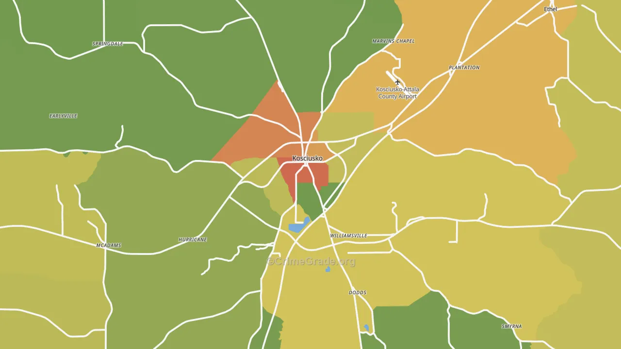 Kosciusko, MS Map of Burglary Rates