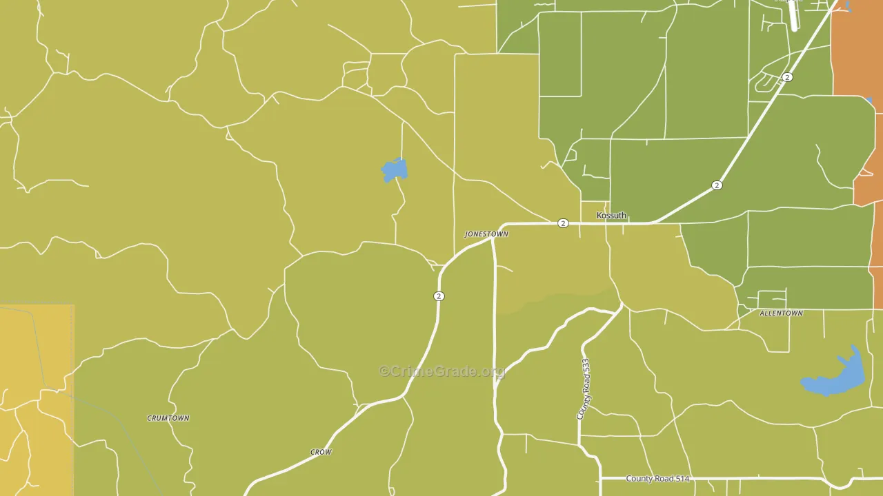 Kossuth, MS Map of Burglary Rates