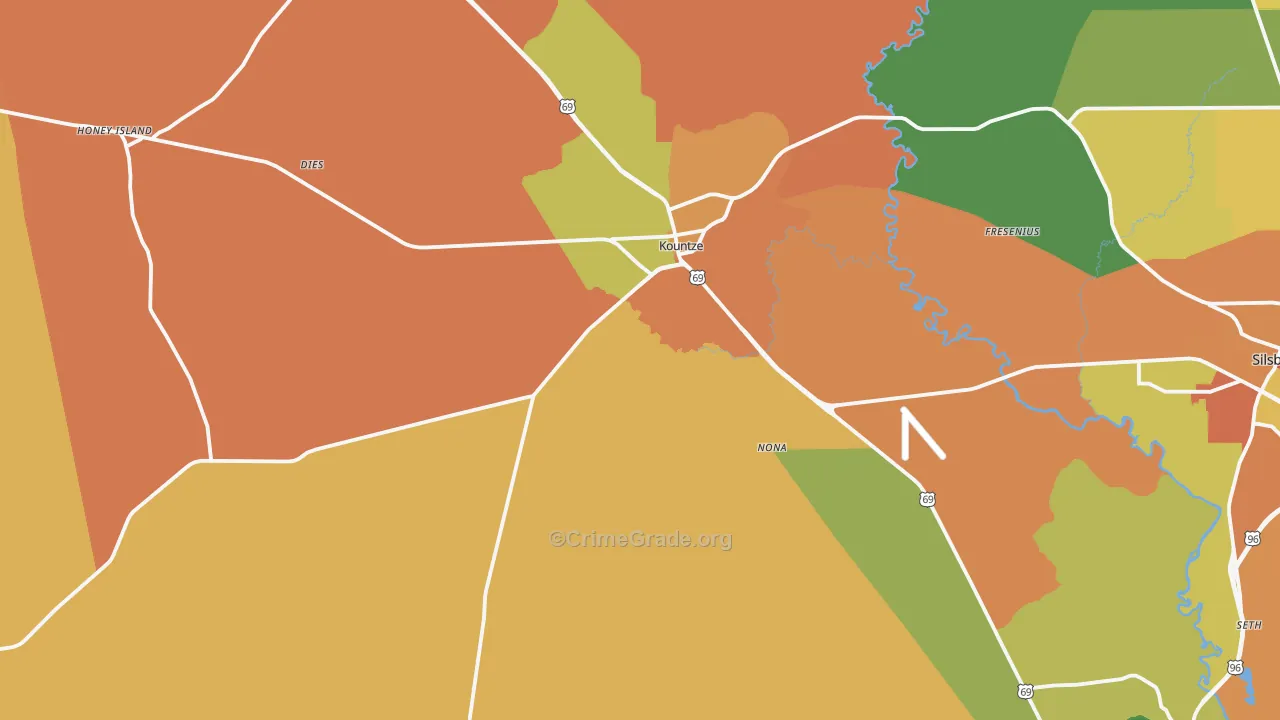 Kountze, TX Map of Burglary Rates
