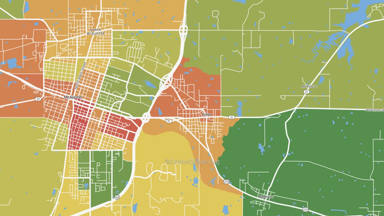 Krebs, OK Map of Burglary Rates