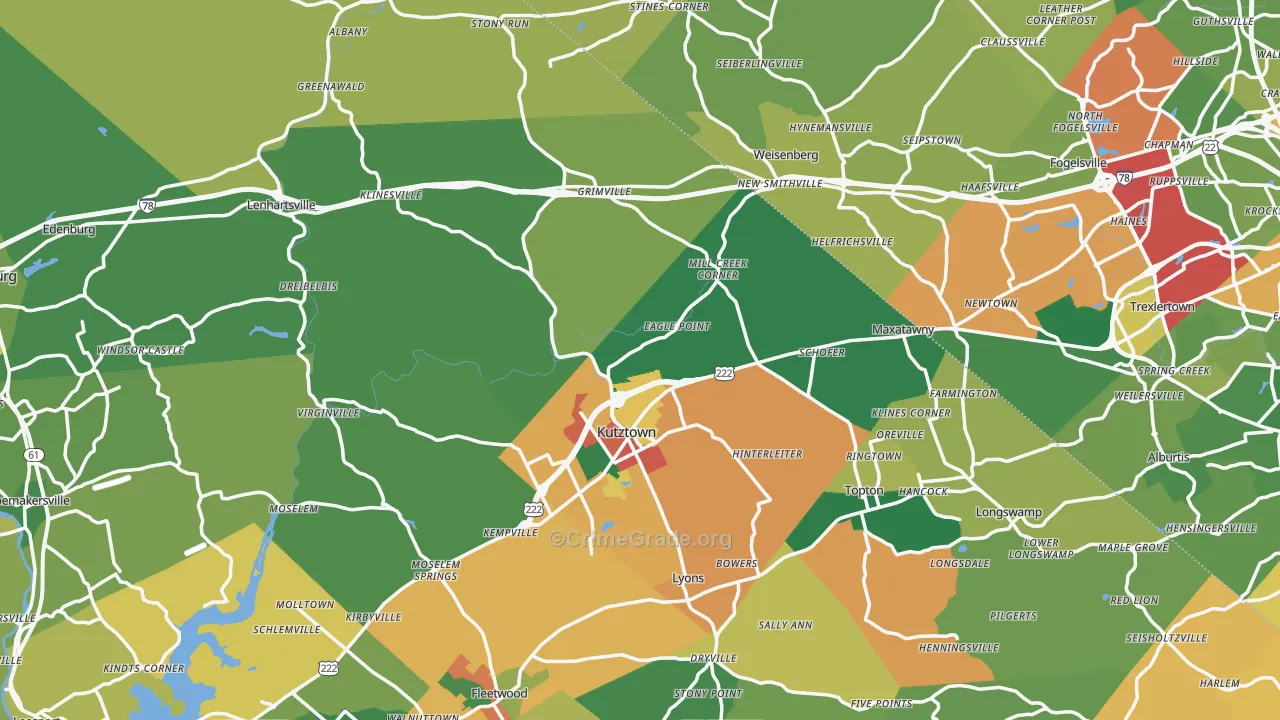 Kutztown, PA Map of Burglary Rates