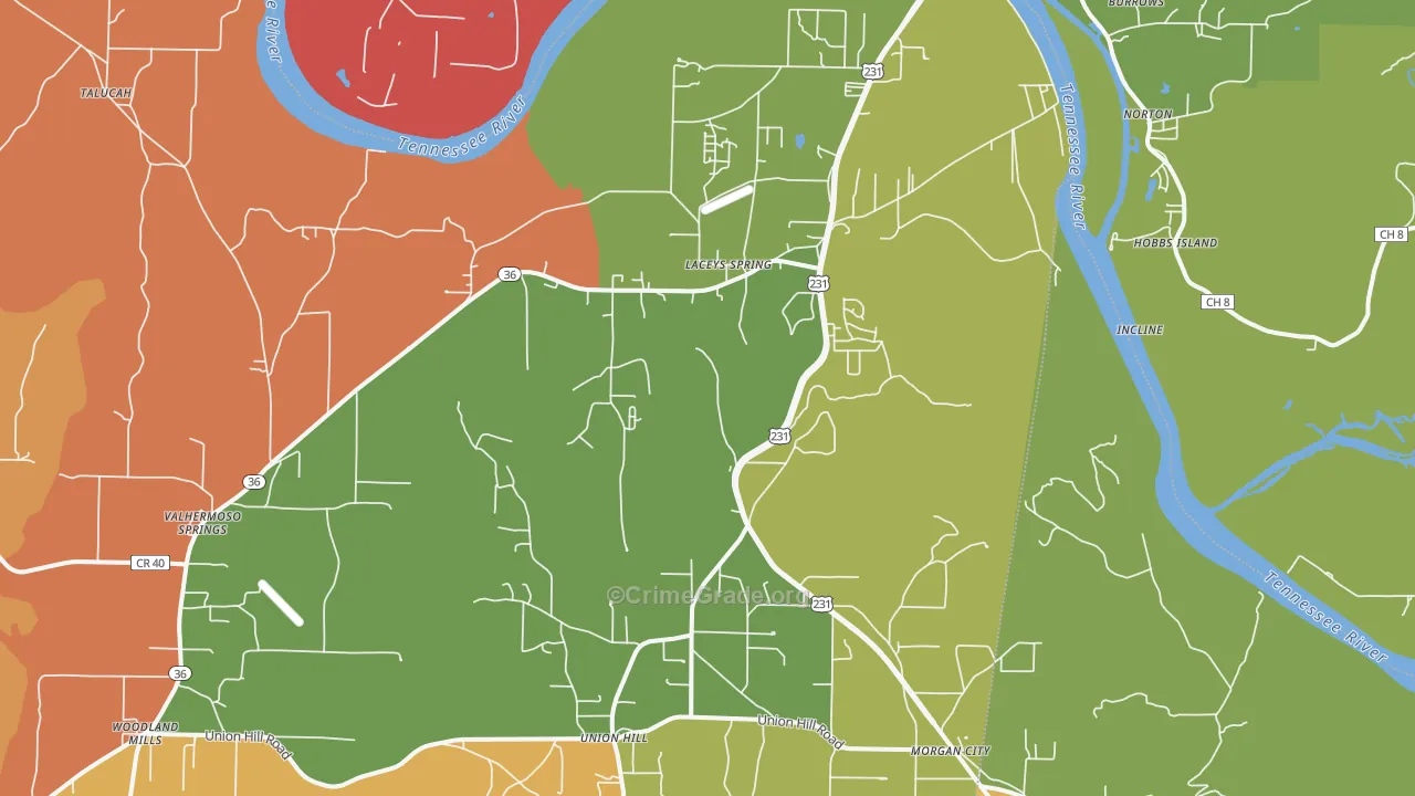 Laceys Spring, AL Map of Burglary Rates