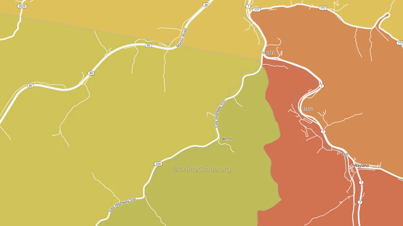 Lackey, KY Map of Burglary Rates